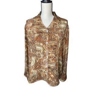Chicos Silk Blouse Brown & Beige Abstract Button-Down Vintage Size Small